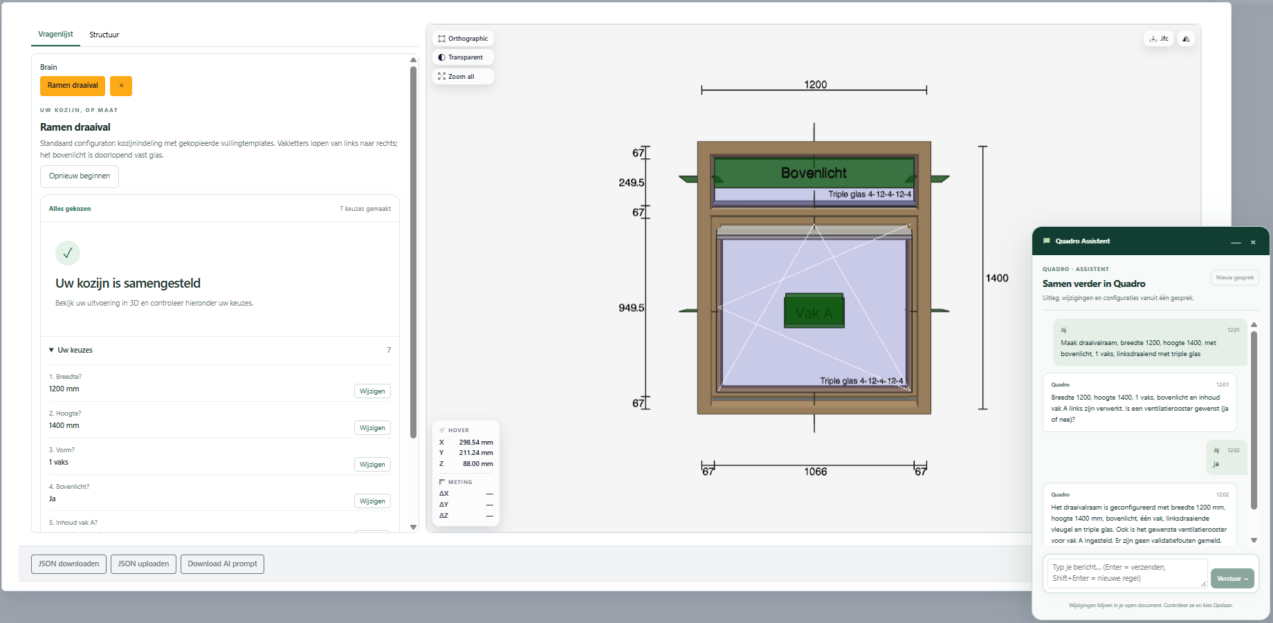 Quadro Configurator met vragenboom, kozijnmodel en een gesprek met de AI Assistant