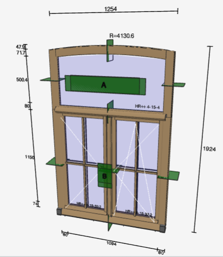 Technische tekening van een getoogd kozijn met stolpstel, plakroeden, maatvoering en doorsneden.
